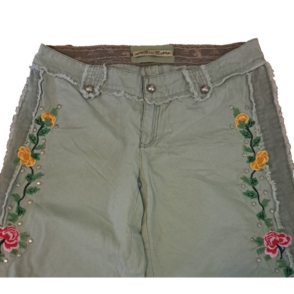 Embroidered Wide-Leg Crop Pants - Sage Green - Picture 3 of 8